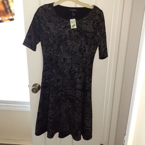Lands end black floral print velour dress s 6 8 new nwt evening holiday career - Picture 2 of 5